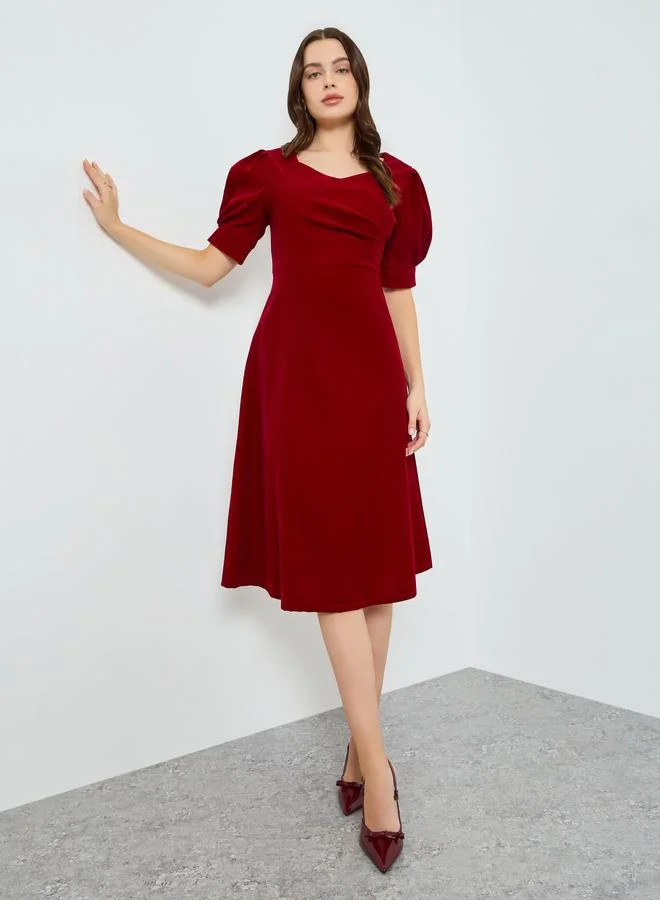 Take Two  Women Red Puff Sleeve A-Line Midi Dress for Women | Best Price UAE